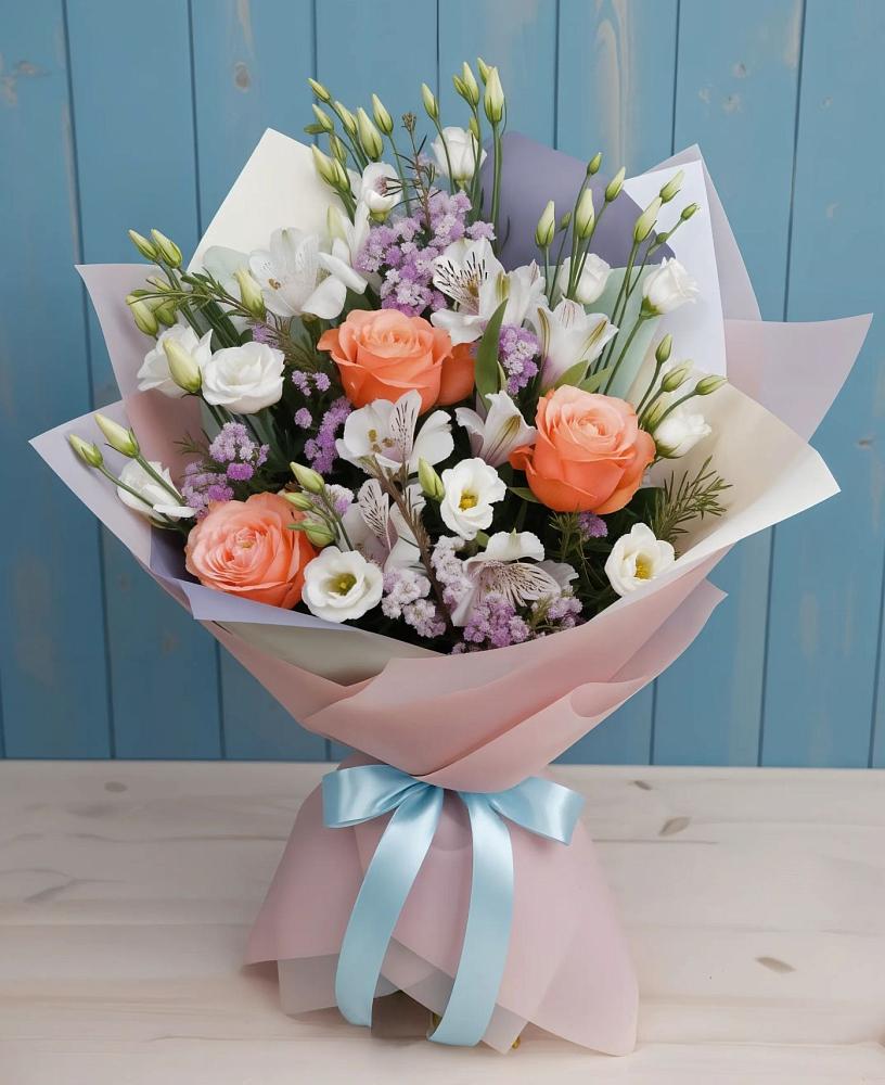 Букет цветов из: Лизиантусы, Розы, Альстромерии и Гипсофила в Куртамыше