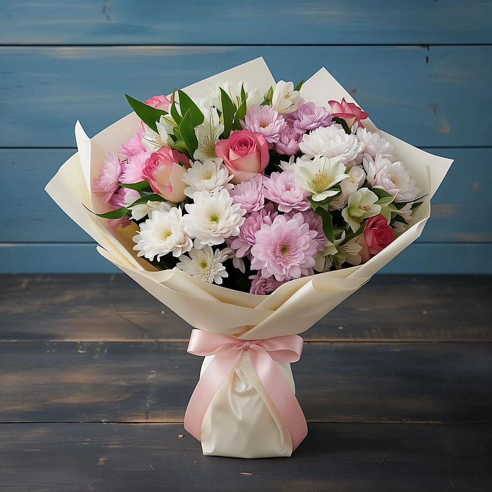 Букет цветов из: Хризантемы, Альстромерии и Розы в Куртамыше